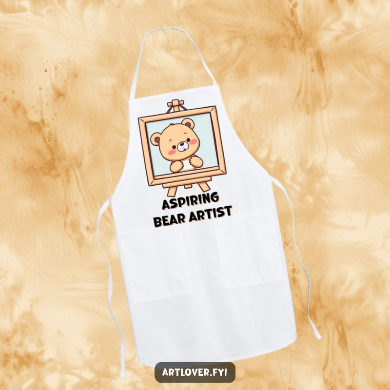 Funny Bear Cub Artist Apron showing a smiling cub sighing at a painting, suitable for culinary art creation.