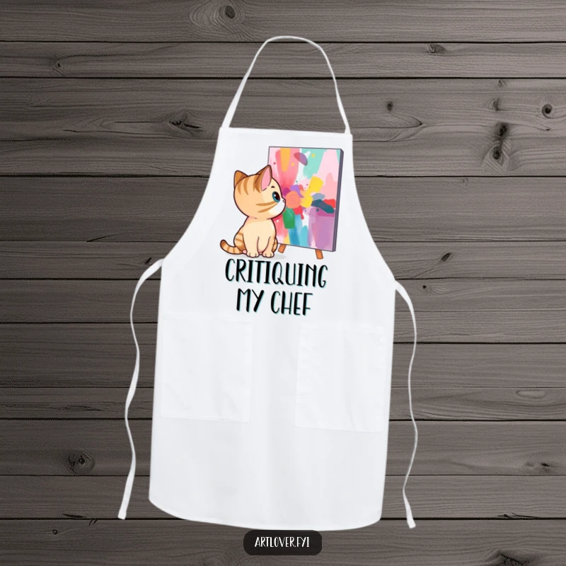 Funny cat apron with a curious feline observing a vibrant abstract painting, perfect for cooks and artists who love cats.