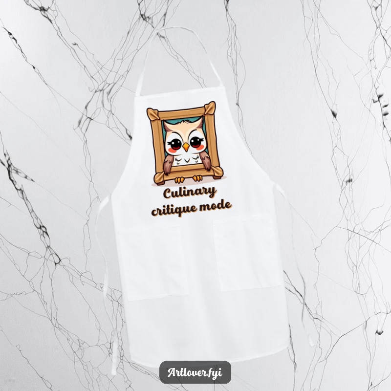 Funny Owl Art Apron: A joyful owl admiring a framed masterpiece, ready for creative endeavors, ideal funny gift.
