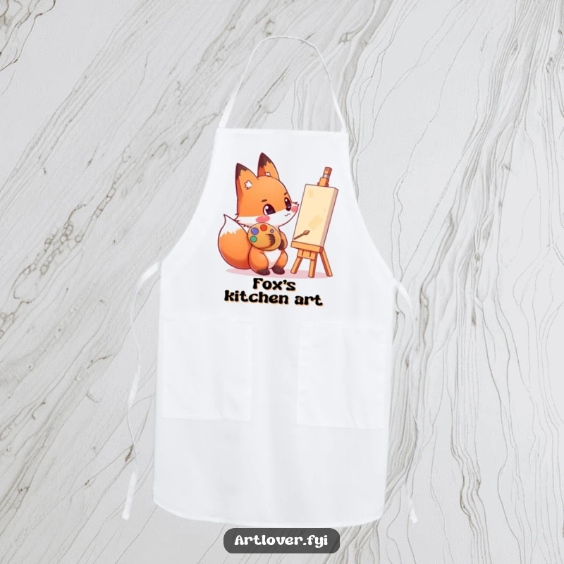 Funny kitchen apron with an enthusiastic fox with a palette smeared on its cheek, admiring a canvas.