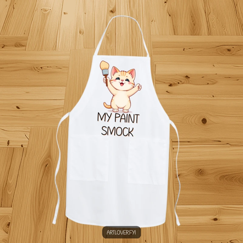 Funny Apron: A victorious kitten artist holds a paintbrush, ready to protect you from paint splatters and culinary mishaps with a smile.
