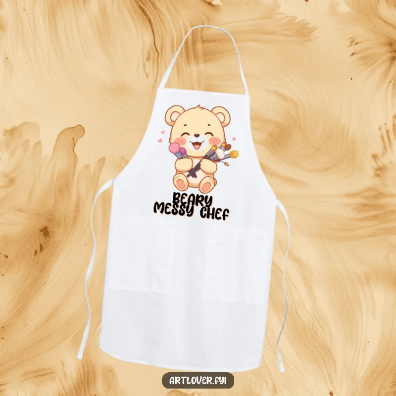 Funny kitchen apron with a joyful bear cub holding a bouquet of paint brushes, ready for creative fun.