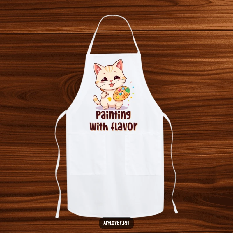 Funny artist cat apron, designed for creative endeavors with a happy cat artist making colorful splats.