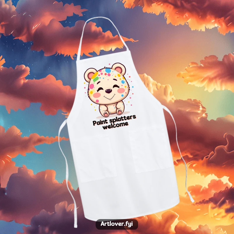 Funny Apron: A smiling bear artist wearing an apron covered in paint, ready to create delicious or artistic messes, funny gift.