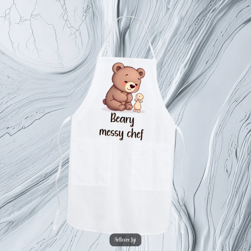 Funny Bear Cub Artist Apron: A playful bear cub admiring abstract clay art, making this apron a funny and practical accessory.
