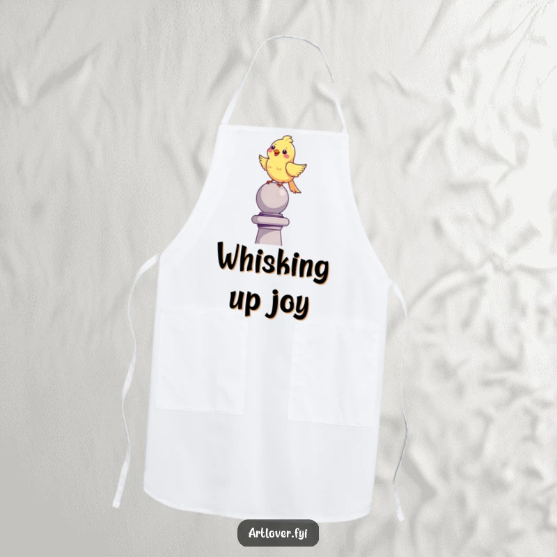 Funny happy bird apron, perched on a sculpture, singing merrily, ideal for kitchen use.