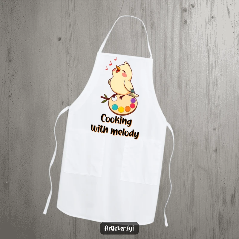 Funny apron showing a happy bird perched on a colorful palette, singing joyfully, ideal for creative endeavors.