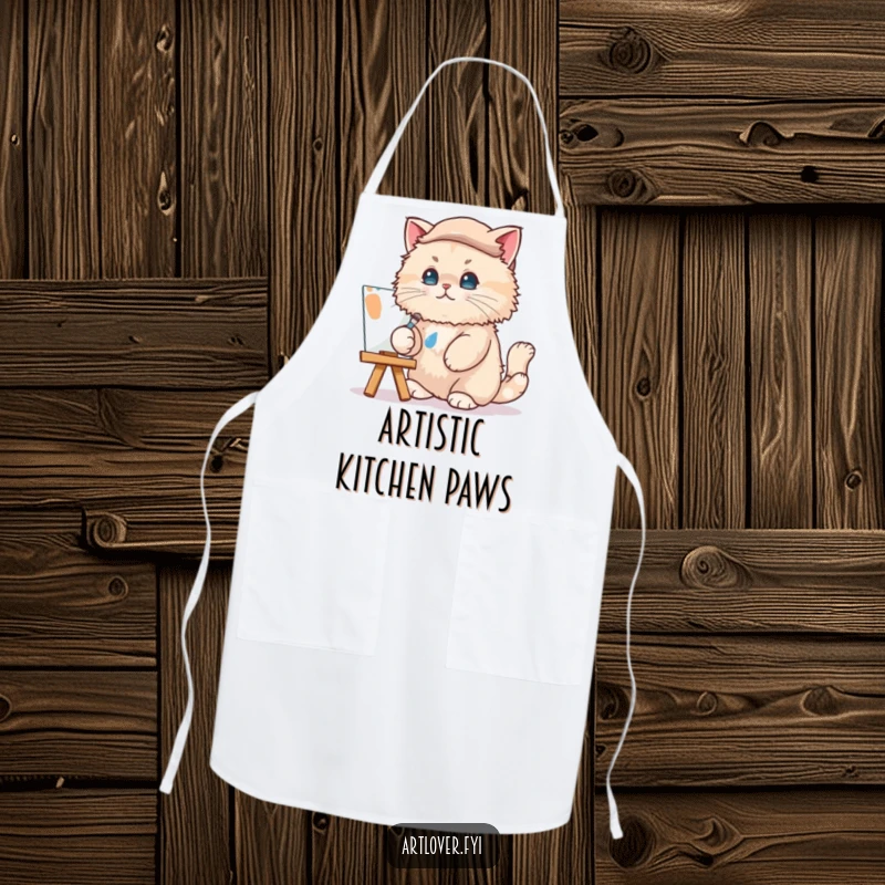Funny Cat Artist Apron: A stylish cat in a beret humorously paints, making this apron a funny and practical kitchen or studio accessory.