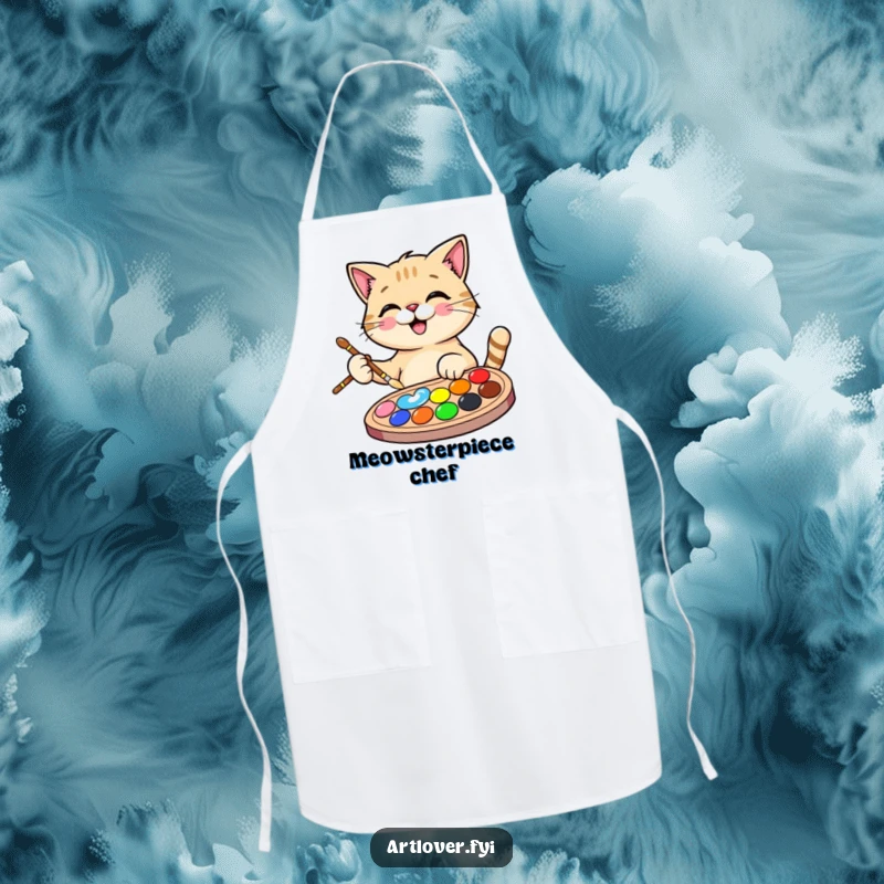 Funny Cat Artist Apron showing a happy cat with a paintbrush and palette, ideal for cooking and adding humor to the kitchen.