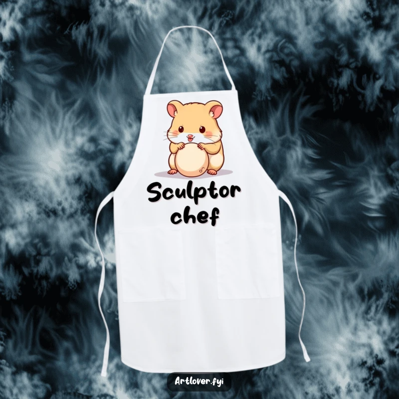 Funny Hamster Sculptor Apron showing a cute hamster focused on sculpting clay, perfect for creative tasks with a smile.