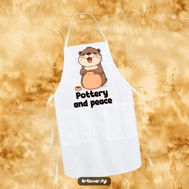 Funny Apron depicting a smiling otter enthusiastically creating a clay pot, ideal for messy creative endeavors.