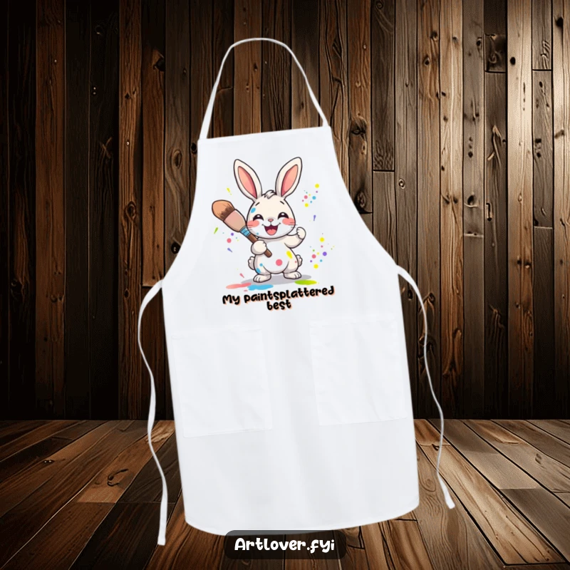 Funny Rabbit Artist Apron: Joyful rabbit character splattering bright paint colors with a large paintbrush, ready for kitchen art.