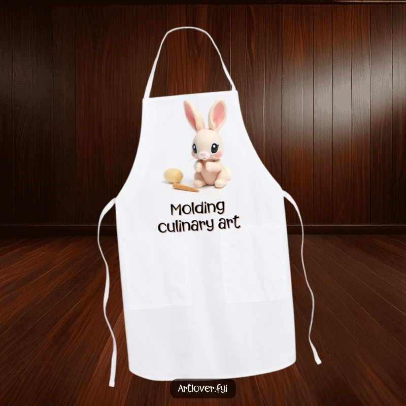 Funny apron depicting a rabbit with focused eyes carefully sculpting a small clay figure, ideal for messy crafting activities.