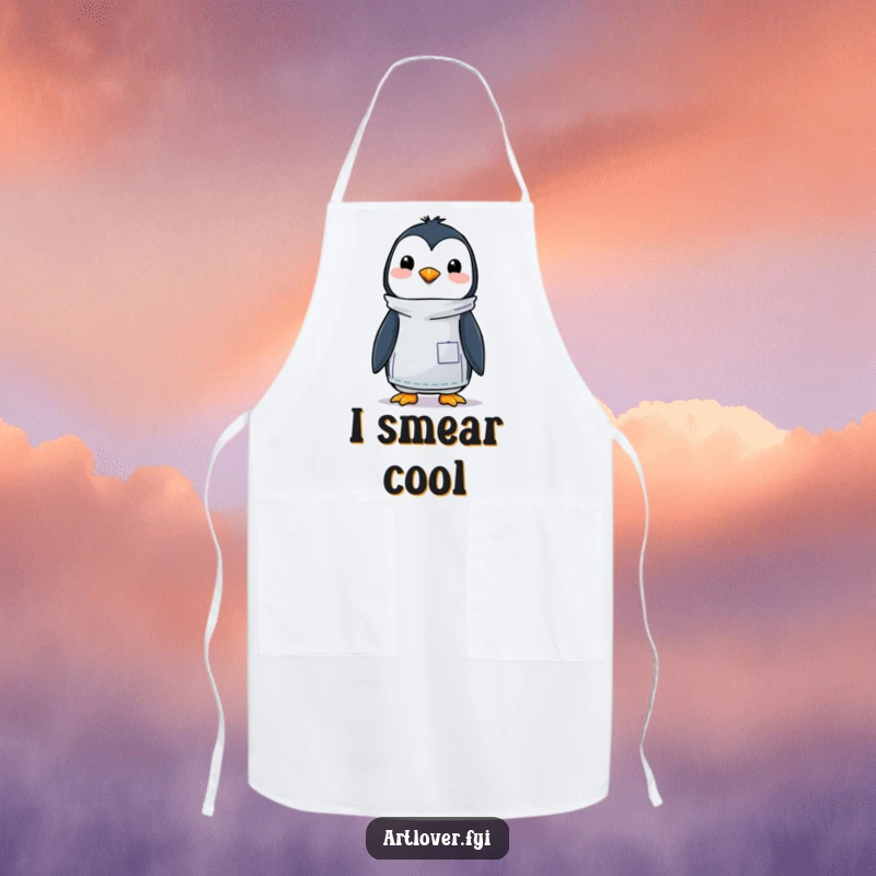 Funny apron showcasing a happy penguin artist in a smock, ready to protect clothes during messy artistic or cooking adventures.