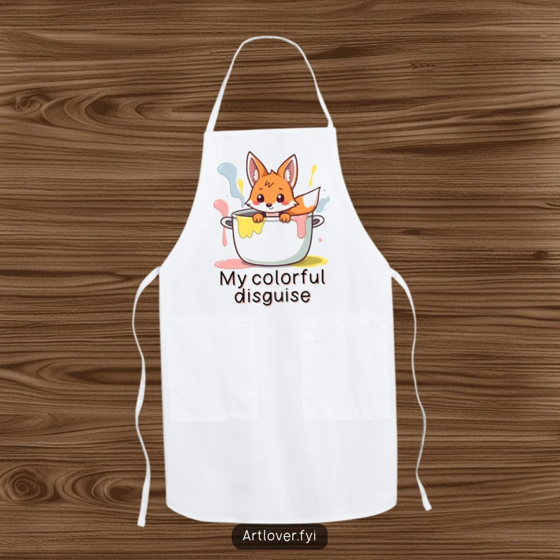 Funny Fox Artist Apron: Curious fox character peeking from a giant paint pot, ready for artistic kitchen adventures.