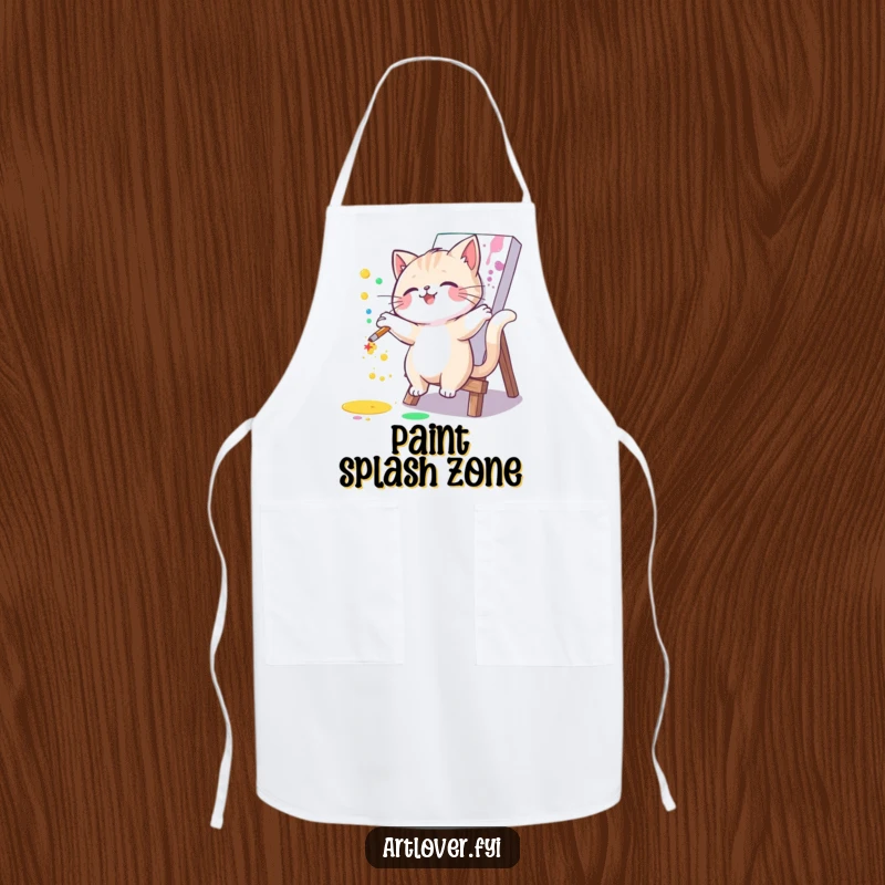Funny cat apron with a joyful artist cat splattering paint on a canvas. Practical and humorous kitchen wear for creative cooks.
