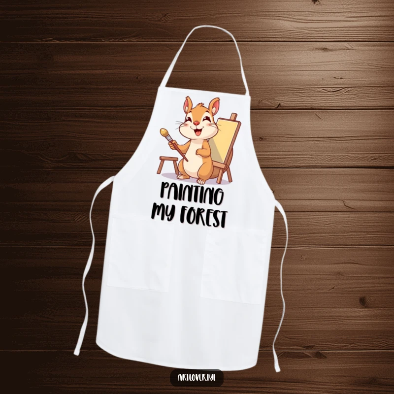 Funny Squirrel Artist Apron showing a delighted squirrel with a paintbrush and canvas, perfect for messy, fun creation.