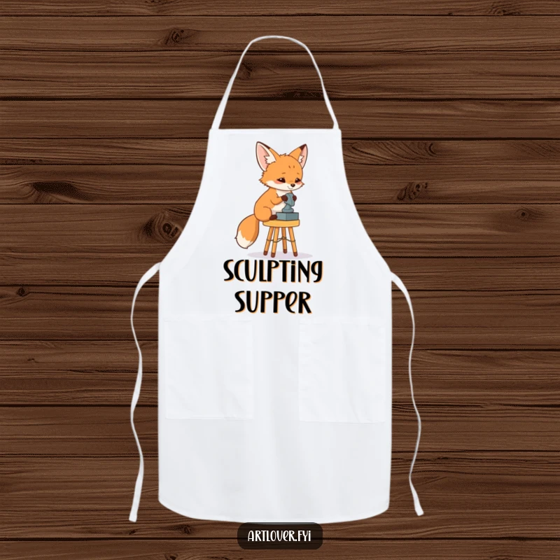Funny Fox Art Critic Apron: A curious fox observing a sculpture, making this apron a funny and practical accessory for creatives.