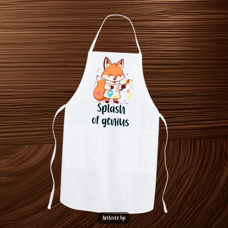 Funny apron with a fox artist splattering paint, ideal for protecting clothes while creating. An amusing kitchen or studio accessory.