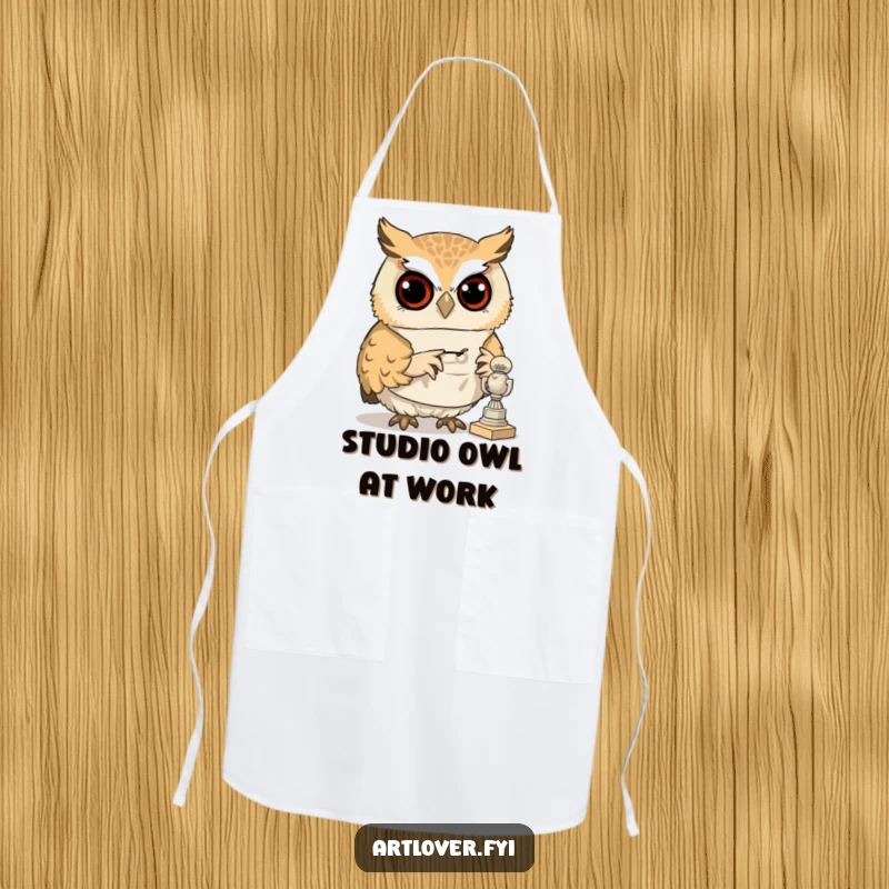 Funny kitchen apron with a curious owl wearing a smock, examining a tiny sculpture, for the wise chef.