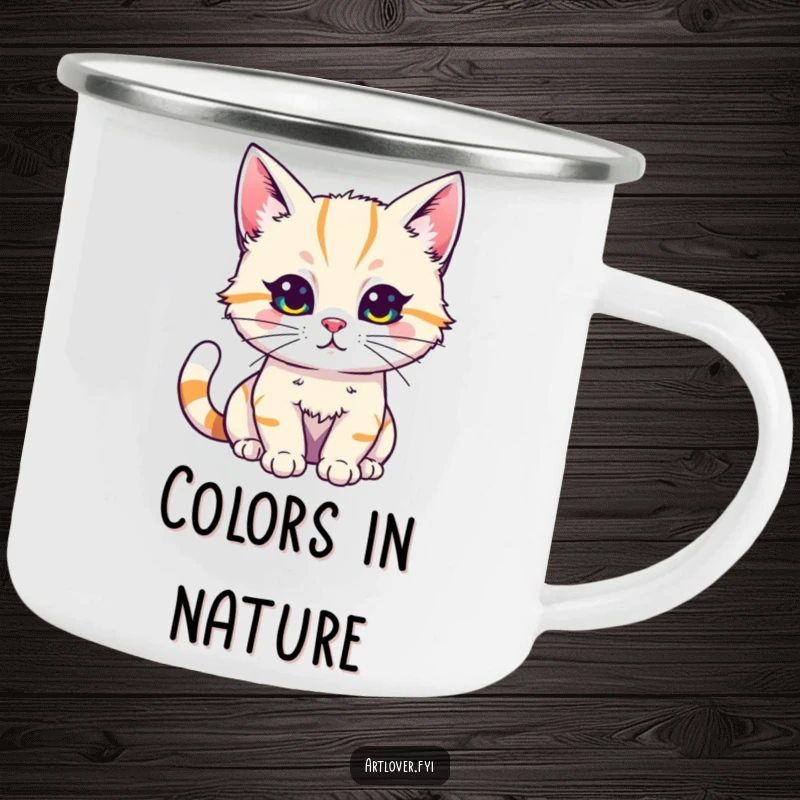 Funny Cat Artist Camping Mug showing a cat enthusiastically painting with bright colors, great for outdoors and as a funny gift.