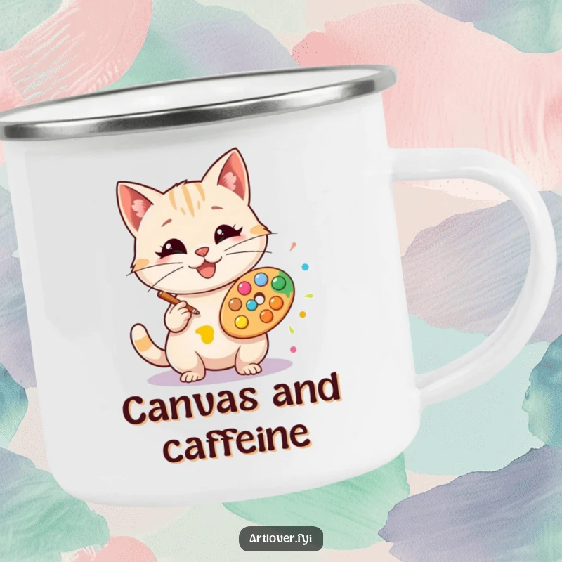 Funny artist cat camping mug, durable and fun, showcasing a happy cat artist creating a colorful art splat.