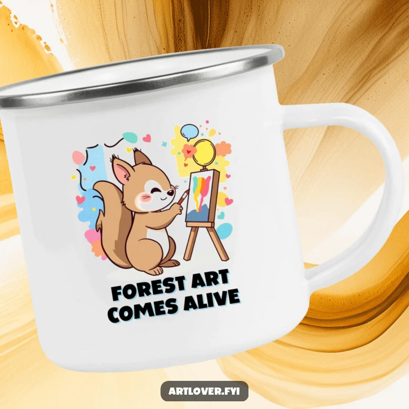 Funny camping mug featuring a playful squirrel painting a colorful mural, enjoying the outdoors.