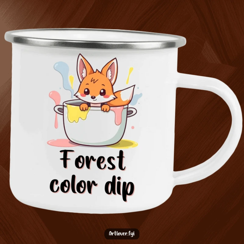 Funny Fox Artist Camping Mug: Curious fox character peeking from a giant paint pot, ready for outdoor art inspiration.