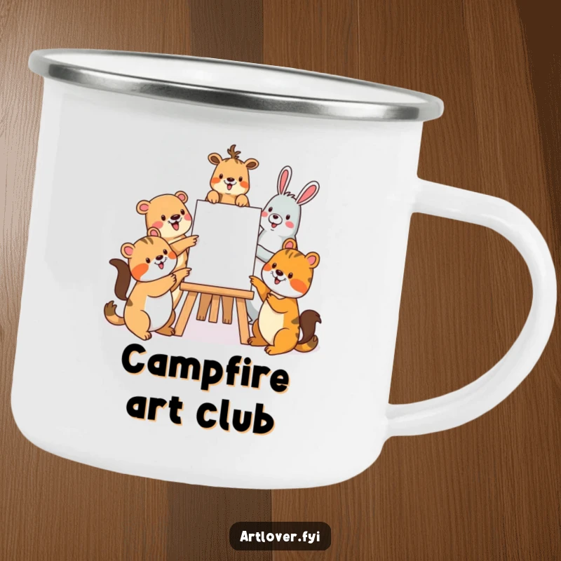 Funny camping mug featuring a group of animals around an easel, perfect for enjoying beverages during outdoor creative sessions.