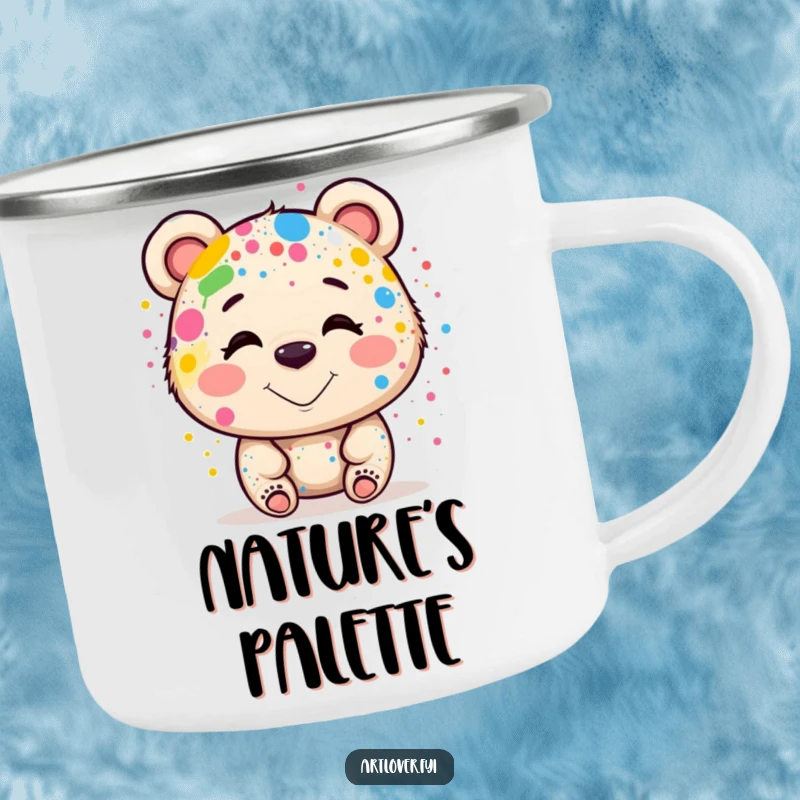 Funny Camping Mug: A smiling bear artist with paint splatters, holding a mug by a campfire, blending art and nature, funny gift.