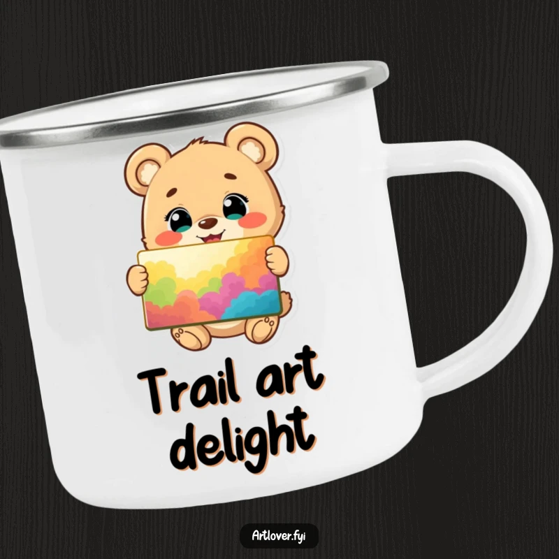 Funny camping mug with a happy bear cub, eyes shining, proudly displaying a vibrant painting, perfect for outdoor adventures.
