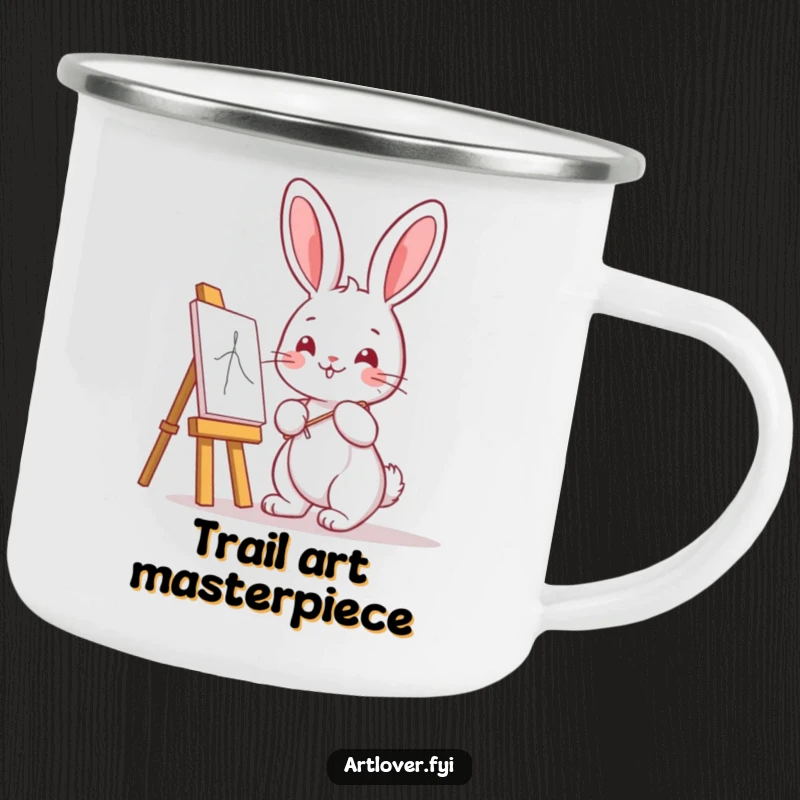 Funny Bunny Artist Camping Mug showing a cute kawaii bunny with an easel, perfect for outdoor enjoyment and artistic inspiration.