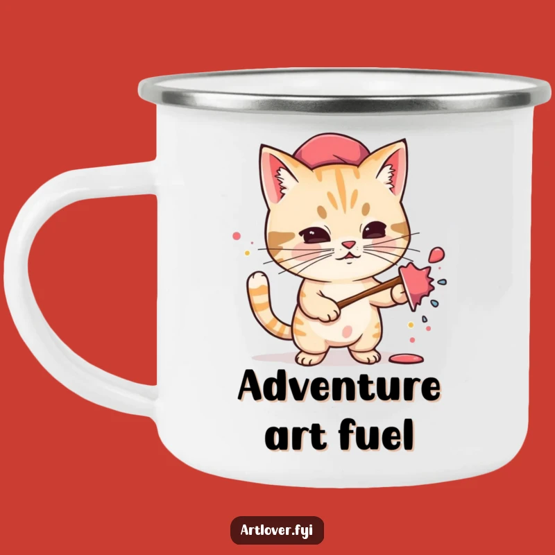 Funny Cat Artist Camping Mug: Durable Enamel Mug with Determined Feline Splattering Paint, Gift