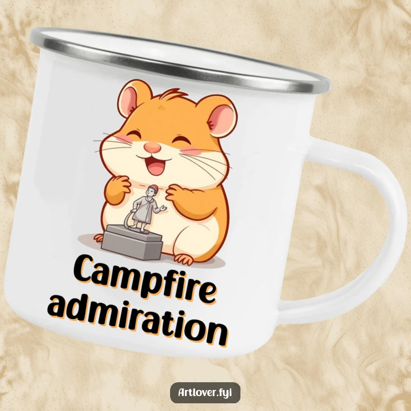 Funny hamster camping mug showing a joyful rodent admiring a tiny sculpture, perfect for outdoor art enthusiasts.