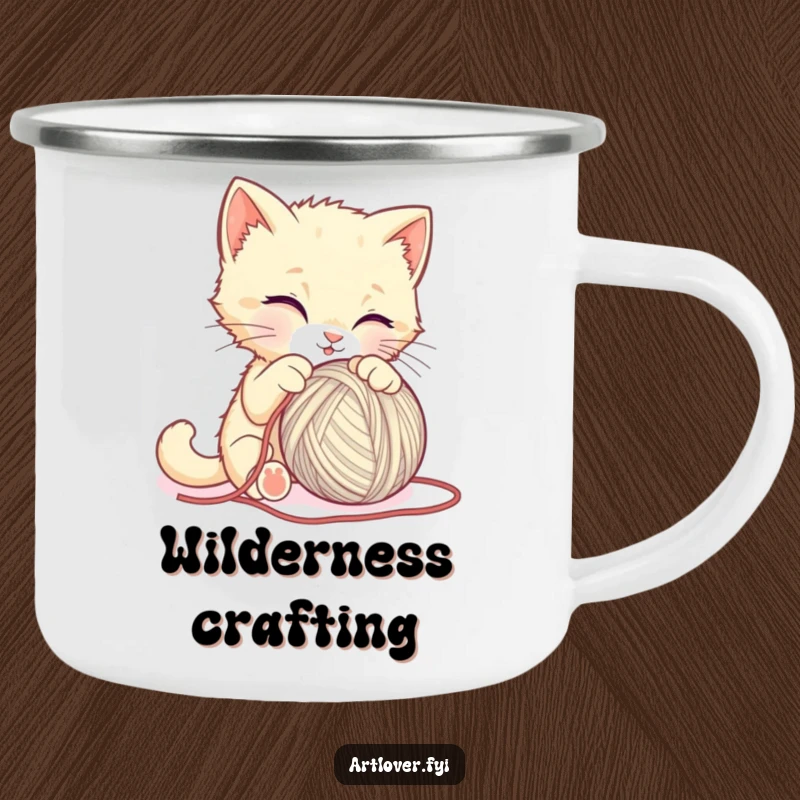Funny kitten camping mug, a cute cat trying to sculpt yarn, perfect for outdoor adventures and humorous moments.