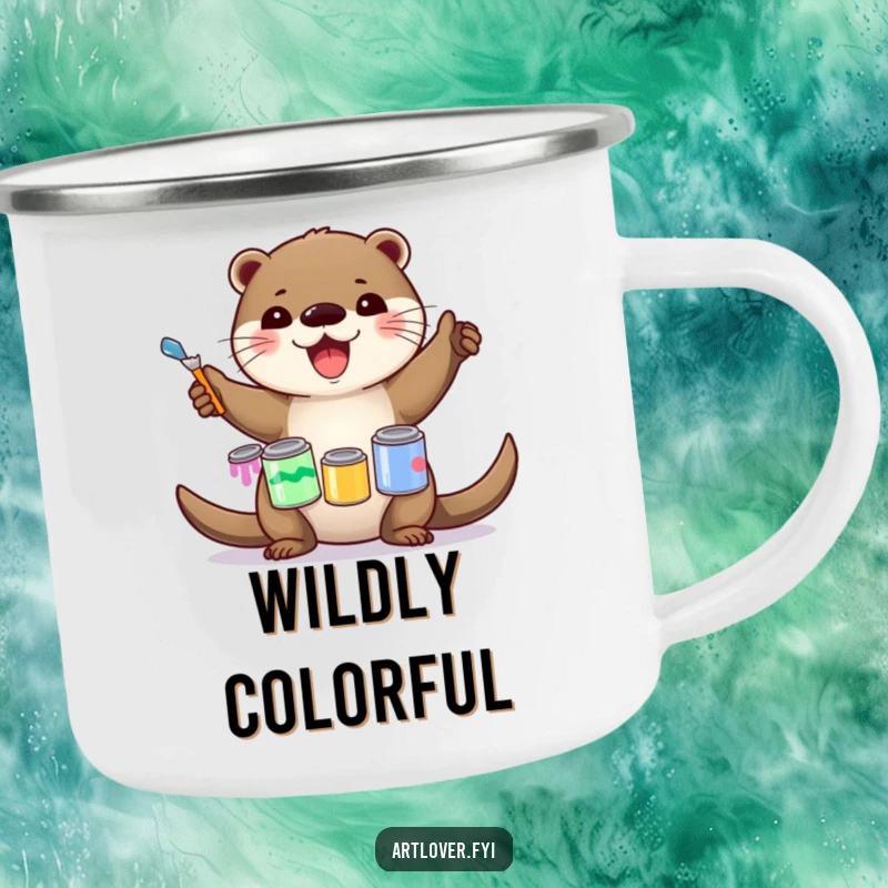 Funny Camping Mug: A delighted otter artist balancing paint cans near a campfire, enjoying the outdoors, perfect for adventures, funny gift.