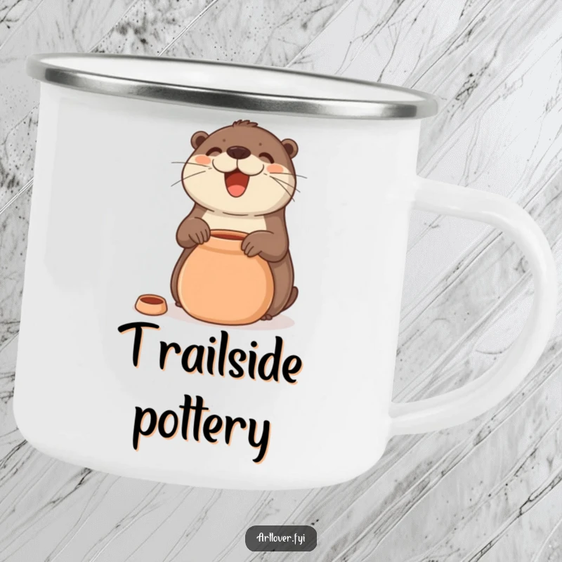 Funny Camping Mug showcasing a smiling otter pottering, perfect for outdoor enthusiasts who appreciate art and humor.