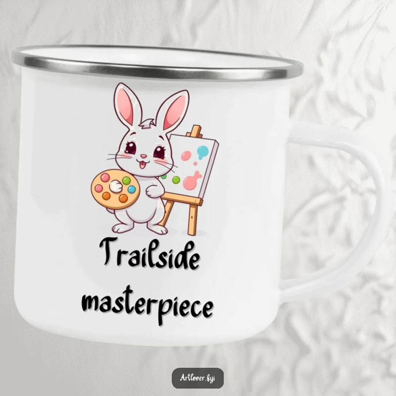 Funny rabbit camping mug with a playful bunny artist holding a palette and brush, dabbing paint onto a canvas outdoors.