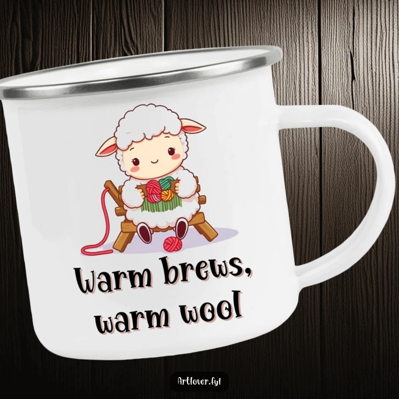 Funny camping mug featuring a fluffy sheep weaving yarn, perfect for enjoying beverages during cozy outdoor crafting sessions.
