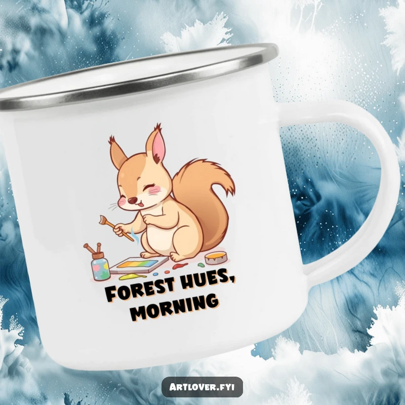 Funny camping mug with an enthusiastic squirrel mixing paints with a tiny twig, perfect for enjoying beverages in nature.