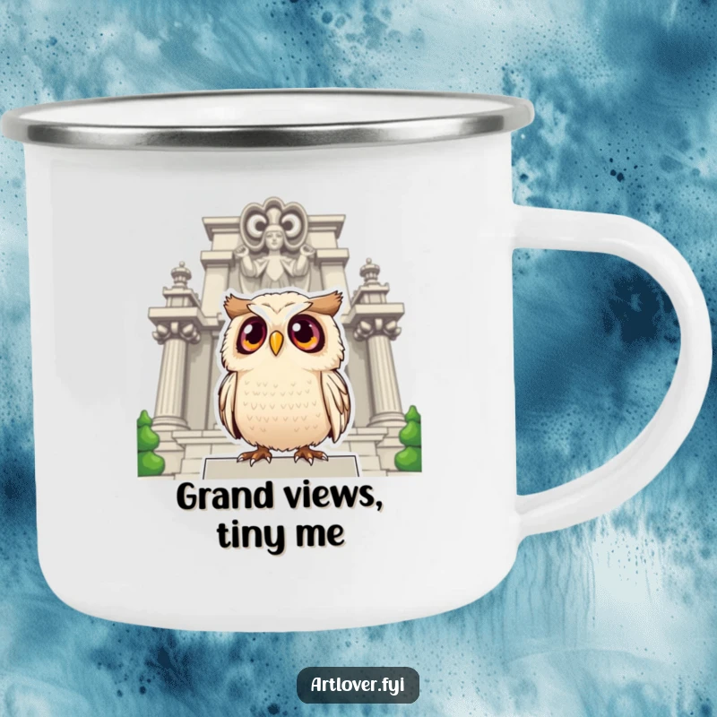 Funny owl camping mug showing a surprised owl with large eyes looking up at a grand statue, perfect for outdoor art lovers.