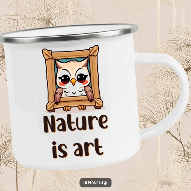 Funny Owl Art Camping Mug: A joyful owl admiring a framed masterpiece, ready for outdoor contemplation, superb funny gift.