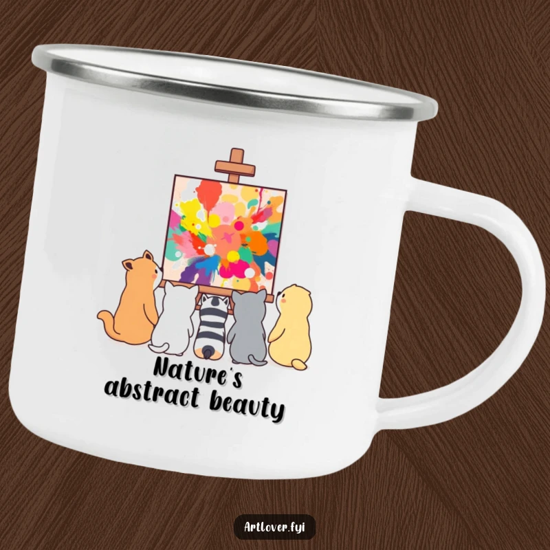 Funny group of animals admiring a vibrant, abstract painting, designed for art lovers on a camping mug.