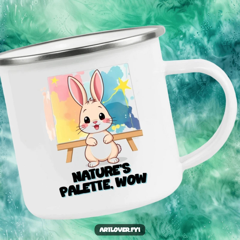Funny Camping Mug: A playful bunny artist poses with an abstract canvas, ready for outdoor adventures and creative inspiration.