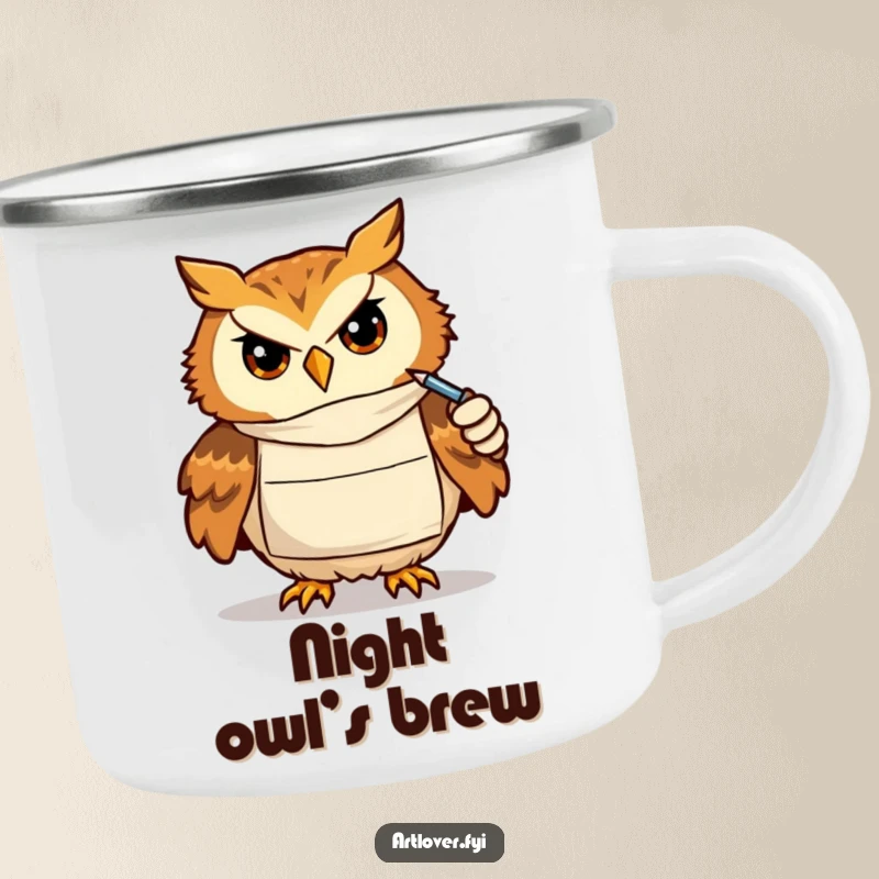 Funny camping mug featuring a determined owl artist drawing, perfect for enjoying beverages during focused outdoor creative sessions.