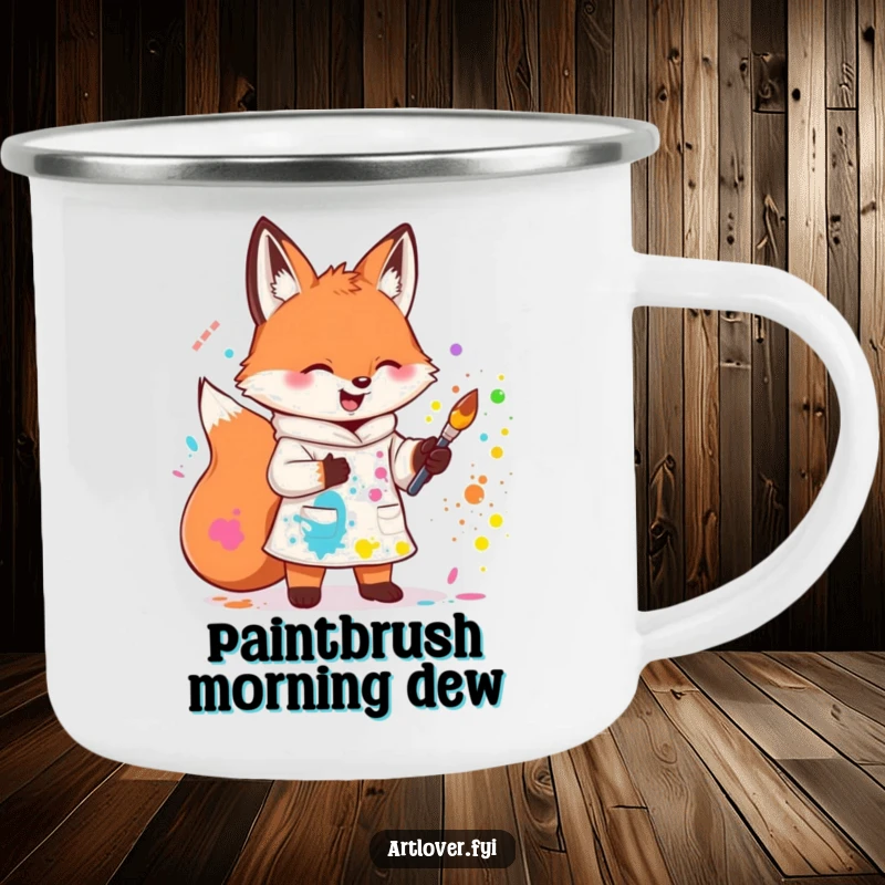 Funny camping mug with a cute fox artist splattering paint, perfect for outdoor creative sessions. A humorous and durable mug.