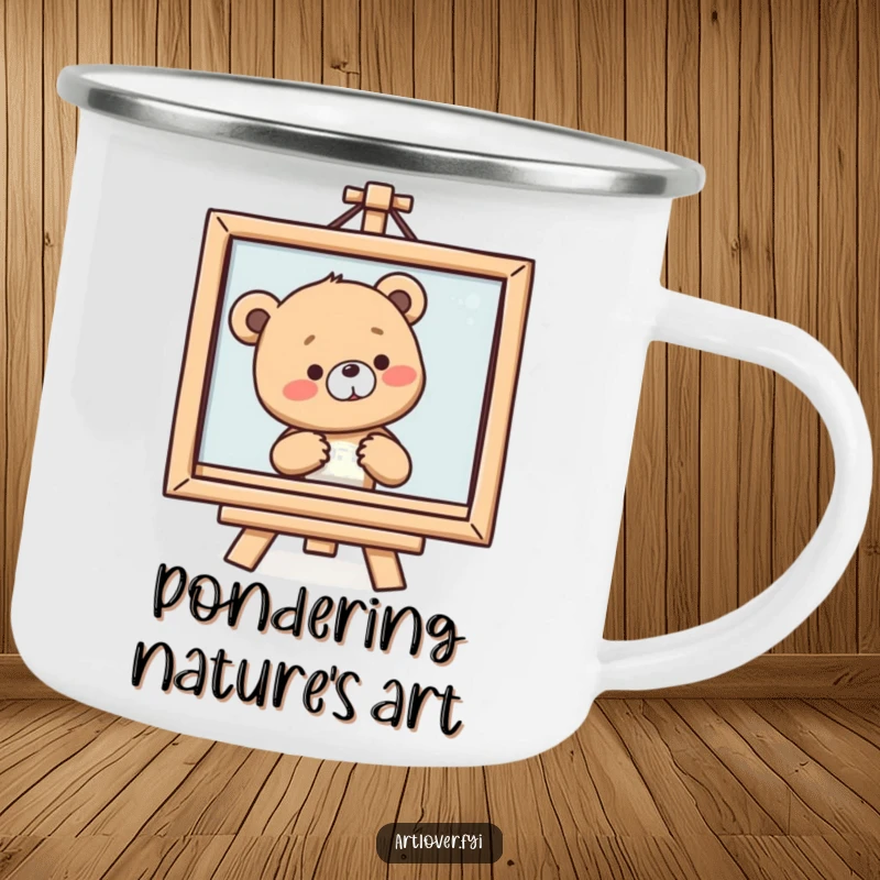 Funny Bear Cub Art Camping Mug showing a smiling cub sighing at a painting, perfect for outdoor art appreciation.