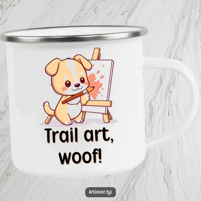 Funny Dog Artist Camping Mug: Cute dog character splashing paint onto a canvas with a brush, ready for outdoor art.