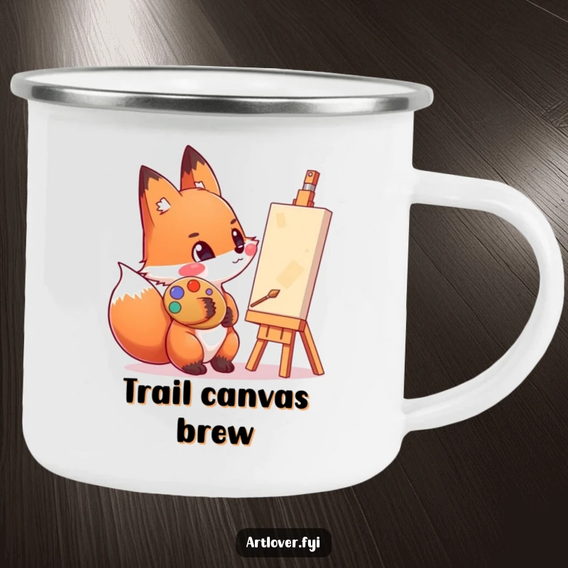 Funny enamel camping mug with a fox sporting a paint-smeared cheek, admiring a canvas, for artistic outdoor inspiration.