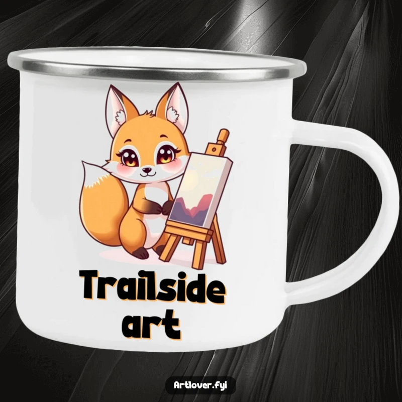Funny fox campfire critic mug, a durable outdoor cup featuring a fox admiring a scenic masterpiece.